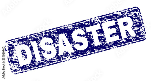 DISASTER stamp seal print with distress texture. Seal shape is a rounded rectangle with frame. Blue vector rubber print of DISASTER label with unclean style.