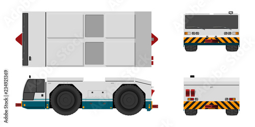 Tractor towing airplane. Front, side, top and back view. Repair and maintenance of aircraft. Airfield transport. Industrial blueprint
