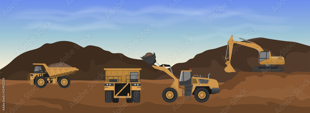 Career machinery. Wheel loader, excavator and dumper in mine. Industrial landscape. Earth work panorama - obrazy, fototapety, plakaty 