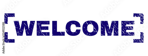 WELCOME text seal print with grunge texture. Text caption is placed inside corners. Blue vector rubber print of WELCOME with dirty texture.