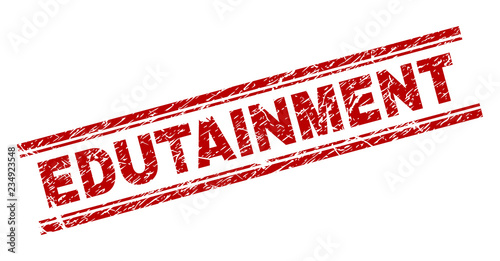 EDUTAINMENT seal print with grunge texture. Red vector rubber print of EDUTAINMENT text with unclean texture. Text caption is placed between double parallel lines.