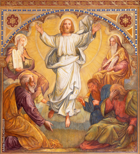 PRAGUE, CZECH REPUBLIC - OCTOBER 13, 2018: The fresco of Transfiguration of the Lord in church kostel Svatého Václava by S. G. Rudl (1900).