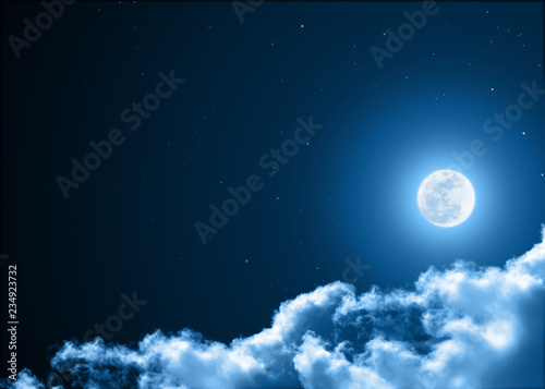 Mystical Night sky background with full moon  clouds and stars. Moonlight night with copy space for winter background