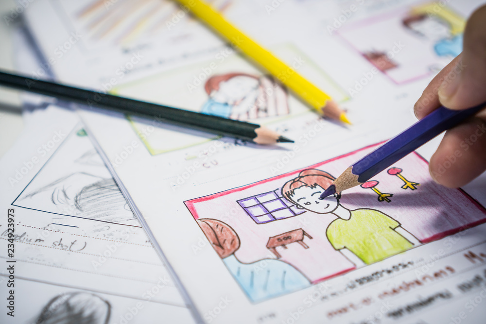 Creator drawing Story board movie video layout for pre-production,  development cartoon illustration animation for process media films in form  displayed script film production. Media product concept. Stock Photo |  Adobe Stock