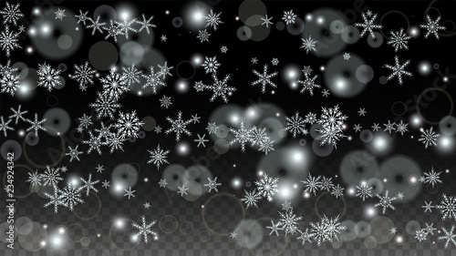 Christmas  Vector Background with White Falling Snowflakes Isolated on Transparent Background. Realistic Snow Sparkle Pattern. Snowfall Overlay Print. Winter Sky. Design for Party Invitation.