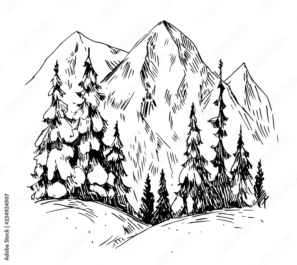 Naklejka premium Winter background with mountains, snow and trees. Hand drawn illustration converted to vector.