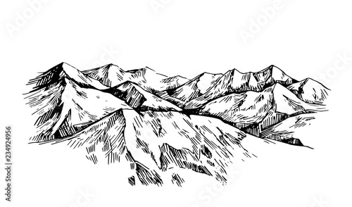Winter background with mountains, snow and trees. Hand drawn illustration converted to vector.