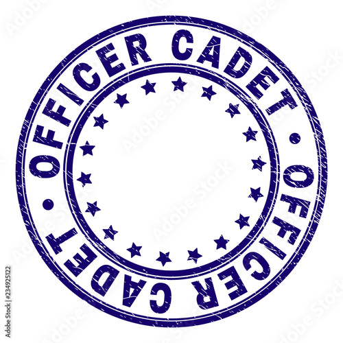 OFFICER CADET stamp seal watermark with grunge texture. Designed with round shapes and stars. Blue vector rubber print of OFFICER CADET caption with corroded texture.