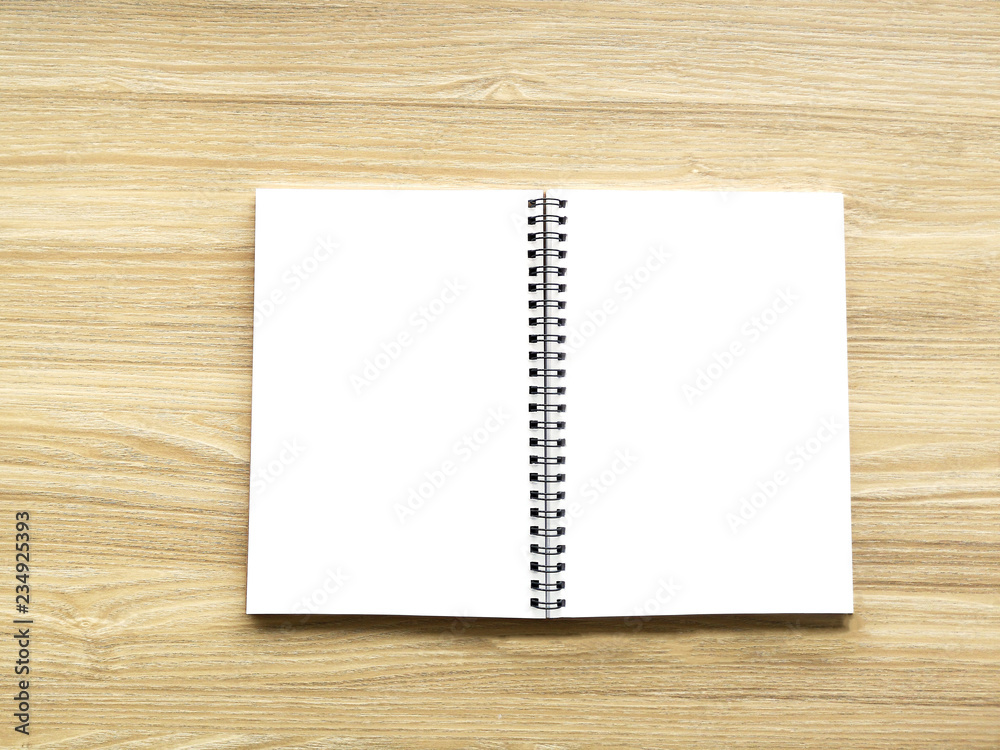 Top view of blank open notebook page on wood background office desk with little tree. Minimal flat lay style Top view of blank open notebook page on wood background office desk with little tree. Minimal flat lay style