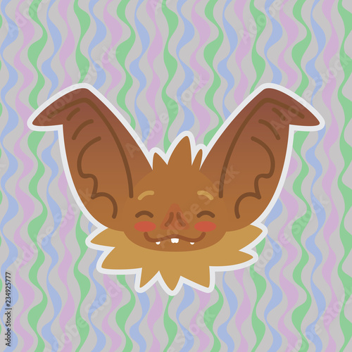 Halloween Bat smiley head got blushed. Vector illustration of bat-eared brown snout with red cheeks shows shy emotion. Blushing emoji. Halloween decoration, print, sticker, chat, communication.