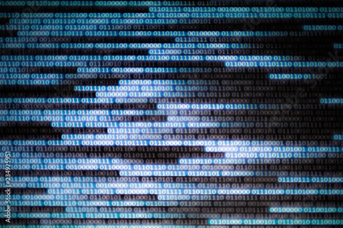 binary code data bit screen display on laptop computer screen. matrix of data flow. Rise of big data AI age. artificial intelligence data transfer. text moving in matrix code style from left to right