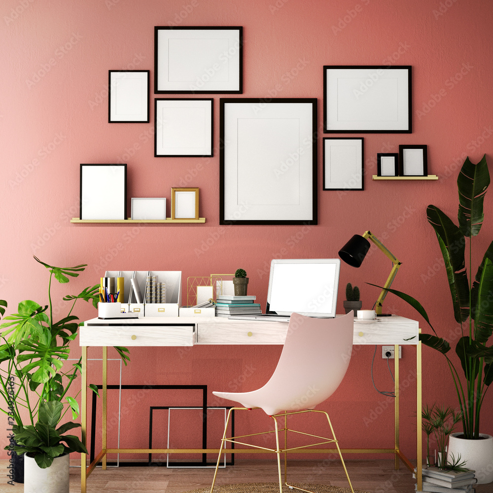 interior design for working area with Destop computer screen on white ...