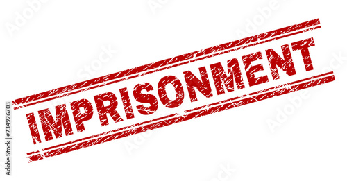IMPRISONMENT seal print with distress texture. Red vector rubber print of IMPRISONMENT title with scratched texture. Text title is placed between double parallel lines.