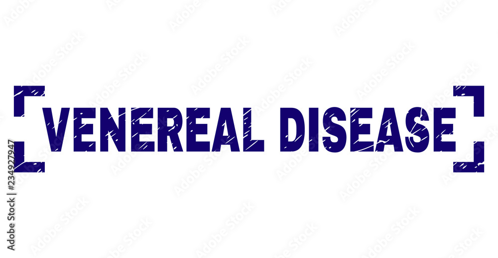 VENEREAL DISEASE text seal print with corroded texture. Text tag is placed inside corners. Blue vector rubber print of VENEREAL DISEASE with retro texture.