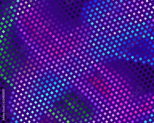 Disco panel. Bright dynamic background with squares. Geometrical figure of different scale neon color. Vector illustration.