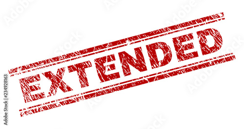 EXTENDED seal print with distress texture. Red vector rubber print of EXTENDED title with unclean texture. Text title is placed between double parallel lines.