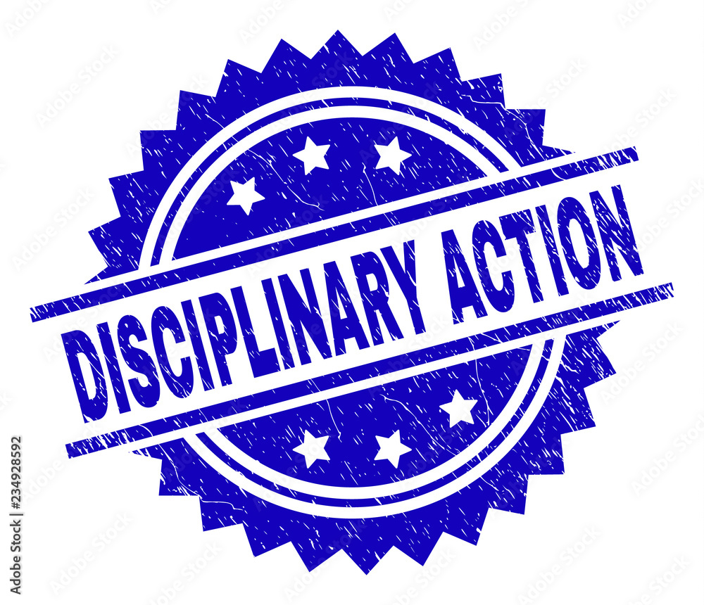 DISCIPLINARY ACTION stamp seal watermark with distress style. Blue