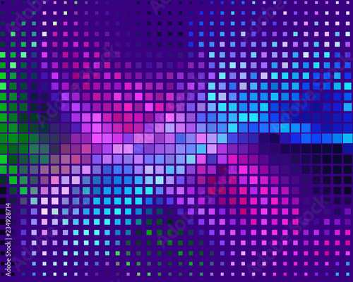 Disco panel. Bright dynamic background with squares. Geometrical figure of different scale neon color. Vector illustration.