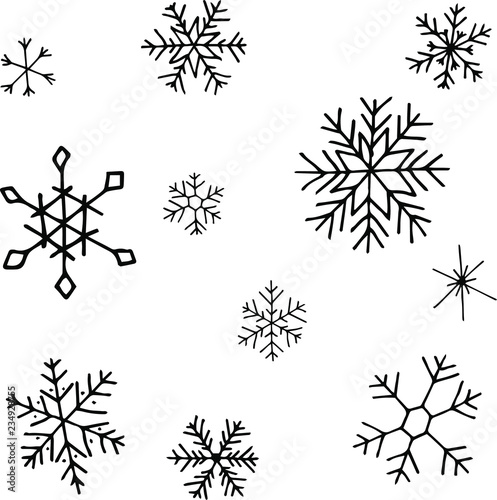 Collection of Christmas snowflakes  modern flat design. Can be used for printed materials.  Winter holiday background. Hand drawn design elements. Festive stickers card.