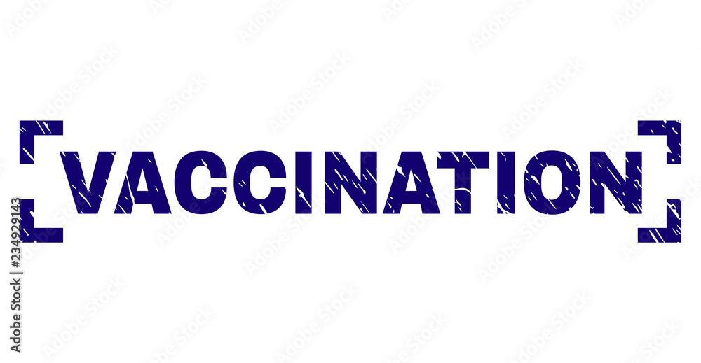 VACCINATION label seal print with grunge texture. Text label is placed between corners. Blue vector rubber print of VACCINATION with corroded texture.