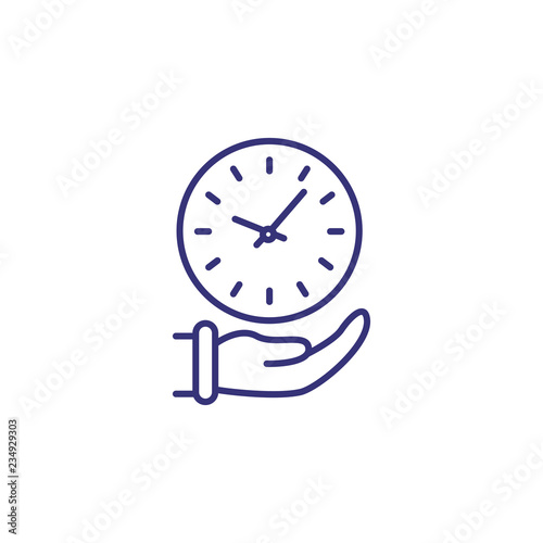 Care of time line icon. Hand holding clock. Time concept. Can be used for topics like business, time management, service