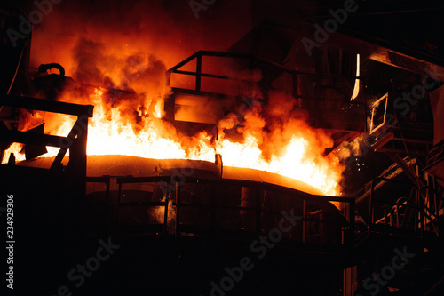 Melting of metal in a steel plant. High temperature in the melting furnace.