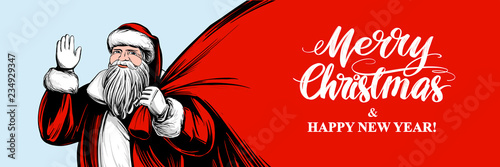 Santa Claus is holding a big bag, Christmas symbol hand drawn vector illustration sketch, calligraphic text