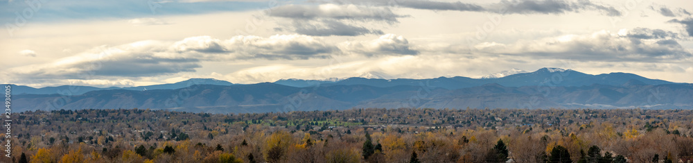 Very Wide Angle Panorama of the Colorado Mountains with Snowed Peak in the distance