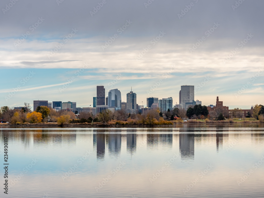 Denver Skyline Reflected in the Water During Dusk on Fall Season Denver Skyline Reflected in the Water During Dusk on Fall Season