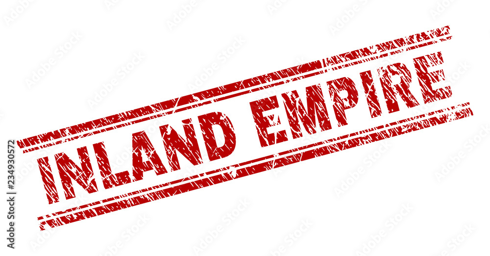 INLAND EMPIRE seal watermark with grunge texture. Red vector rubber print of INLAND EMPIRE text with grunge texture. Text caption is placed between double parallel lines. INLAND EMPIRE seal watermark with grunge texture. Red vector rubber print of INLAND EMPIRE text with grunge texture. Text caption is placed between double parallel lines.