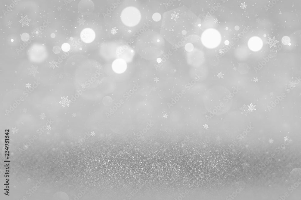 cute sparkling glitter lights defocused bokeh abstract background with falling snow flakes fly, festival mockup texture with blank space for your content