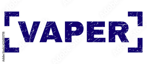 VAPER text seal print with corroded effect. Text label is placed between corners. Blue vector rubber print of VAPER with corroded texture.
