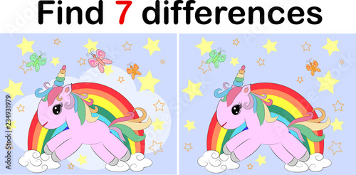 Find the difference the two funy little Unicorn. Children riddle entertainment. Sheet different toys construction equipment. Game tasks for attention. Mathematical exercise.