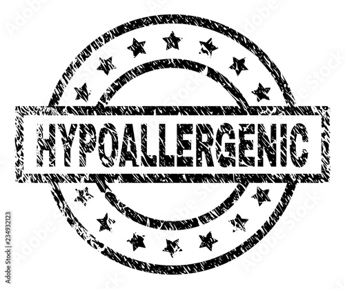 HYPOALLERGENIC stamp seal watermark with distress style. Designed with rectangle, circles and stars. Black vector rubber print of HYPOALLERGENIC text with unclean texture.