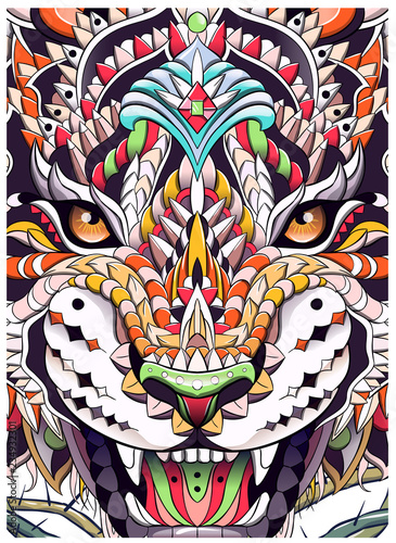 Patterned head of the roaring tiger