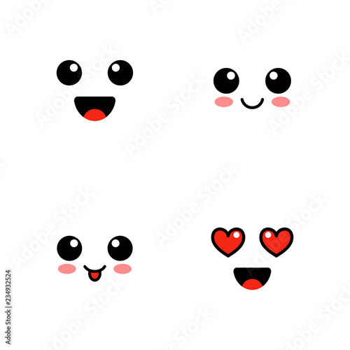 Set of emoji. Kawai cute faces. Funny emoticons. Flat icons. Vector illustration.