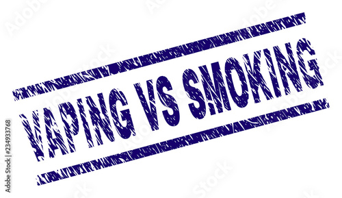 VAPING VS SMOKING seal print with grunge style. Blue vector rubber print of VAPING VS SMOKING text with unclean texture. Text tag is placed between parallel lines.