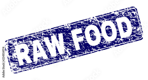 RAW FOOD stamp seal print with distress style. Seal shape is a rounded rectangle with frame. Blue vector rubber print of RAW FOOD label with unclean style.