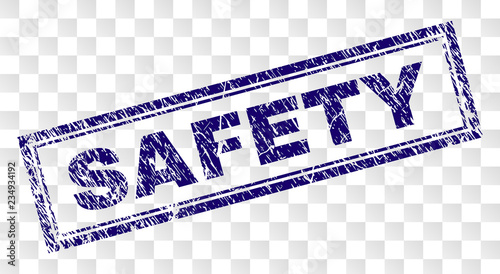 SAFETY stamp seal imprint with rubber print style and double framed rectangle shape. Stamp is placed on a transparent background. Blue vector rubber print of SAFETY text with unclean texture.