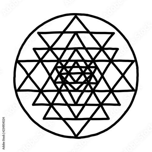 Sacred geometry and alchemy symbol Sri Yantra. Hand drawn sketch for your design