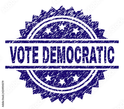 VOTE DEMOCRATIC stamp seal watermark with distress style. Blue vector rubber print of VOTE DEMOCRATIC text with unclean texture.