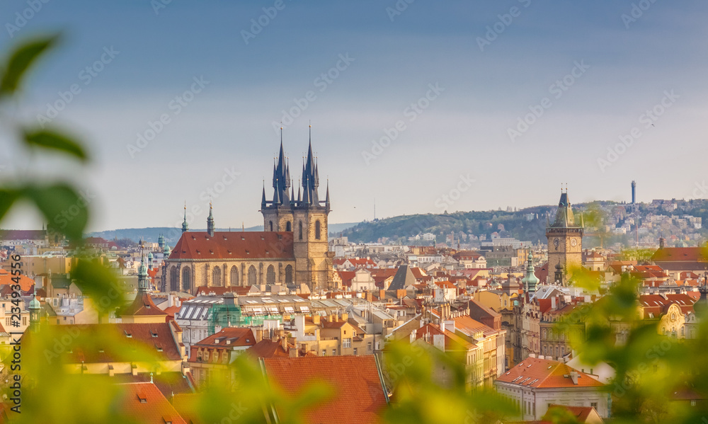 Aerial view over Church of Our Lady from Letenske sady park in Prague, Czech Republic