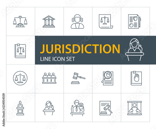 Jurisdiction line icon set. Courthouse, judge gavel, scale. Law concept. Can be used for topics like justice, court, crime