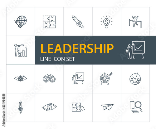 Leadership line icon set. Meeting, startup, map location. Business concept. Can be used for topics like startup, management, achieving goals