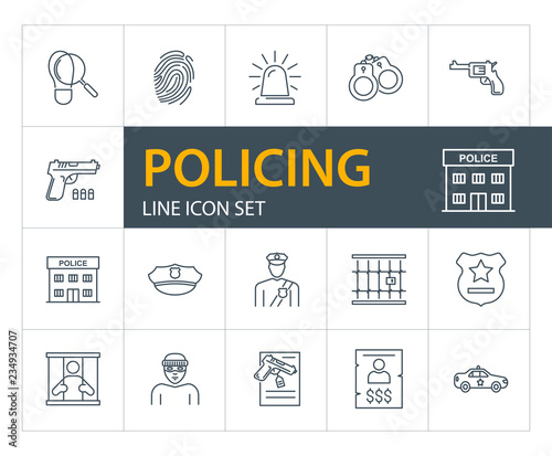Policing line icon set. Policeman, gun, prison. Law concept. Can be used for topics like justice, punishment, investigation