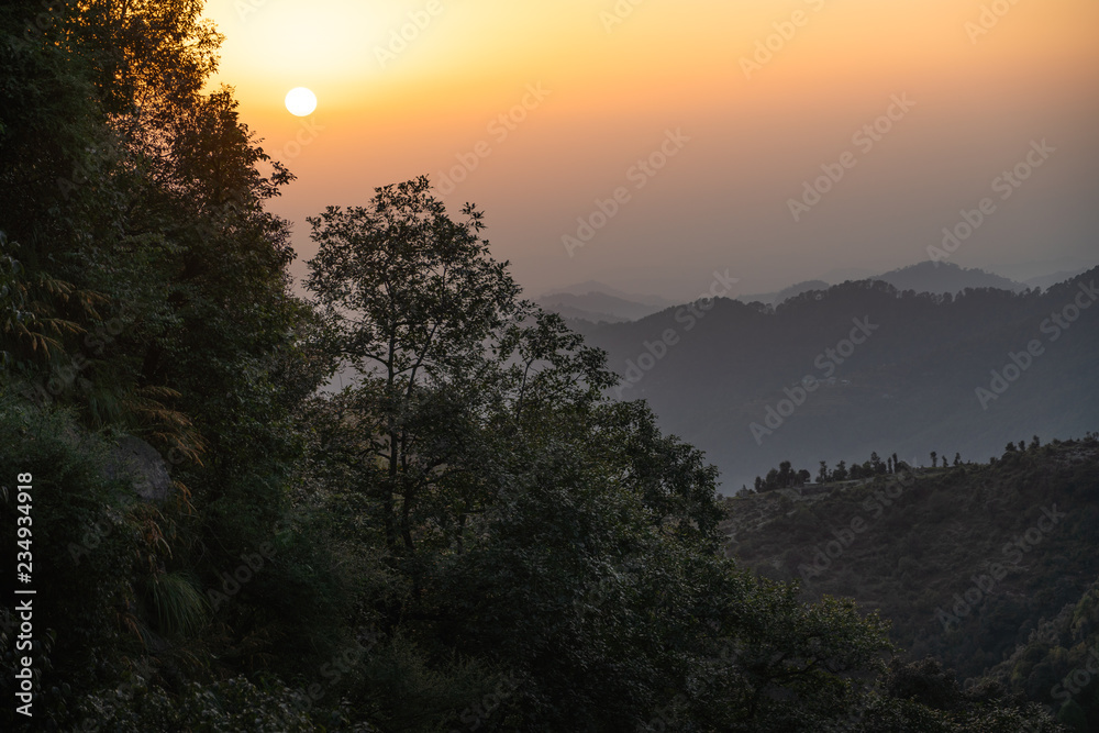Sunset in the Himalayas mountain range in Northern India Sunset in the Himalayas mountain range in Northern India