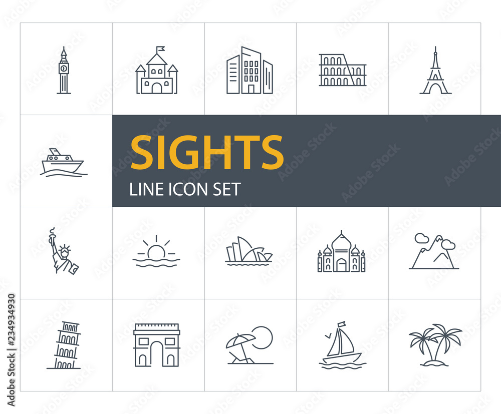 Sights line icon set. Paris, London, New York. Tourism concept. Can be used for topics like vacation, travel, sightseeing