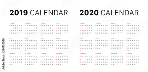 2019 calendar starting sunday Calendar 2019 and 2020 template. Calendar design in black and white colors, holidays in red colors. Vector