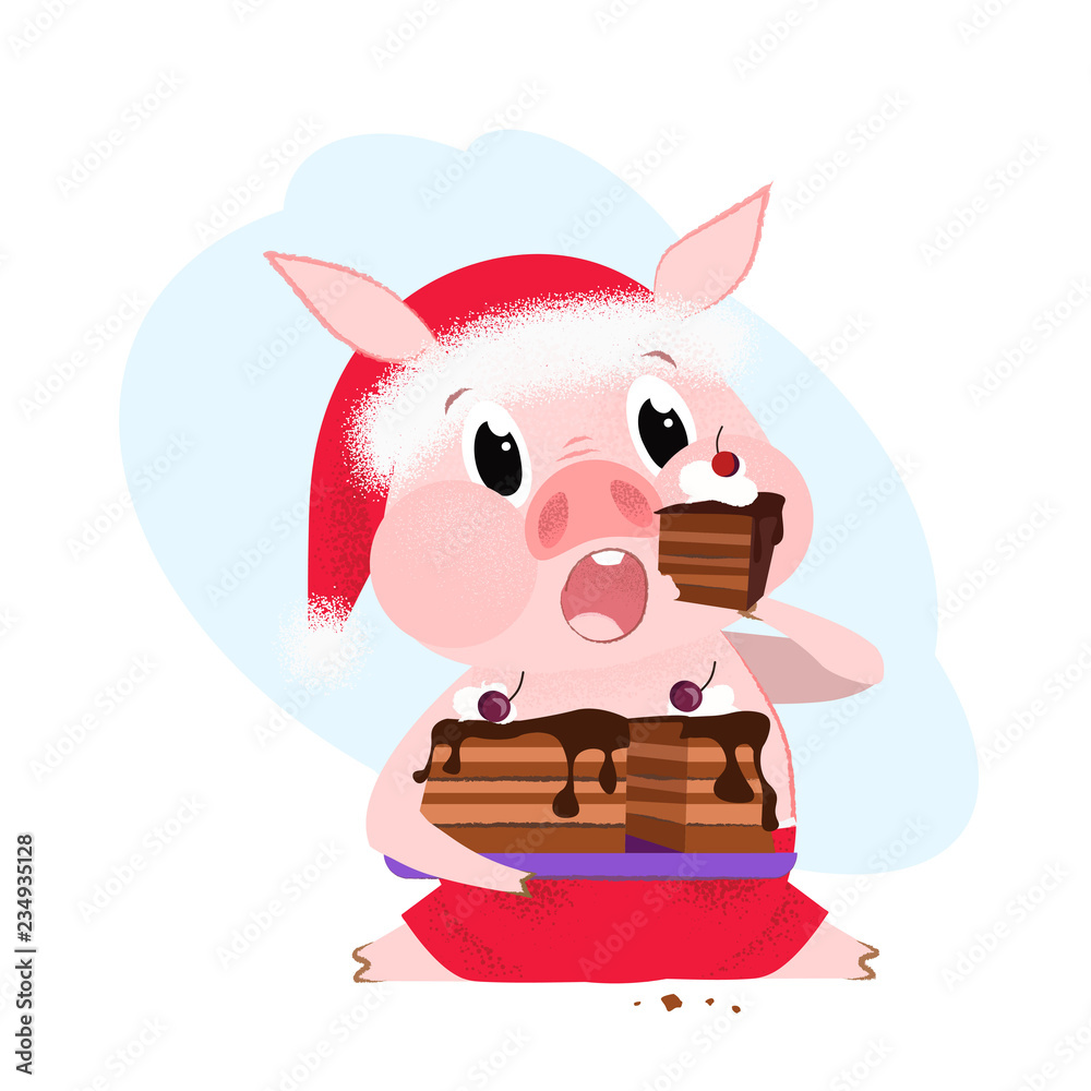 Funny pig in Santa hat eating chocolate cake. Vector illustration of