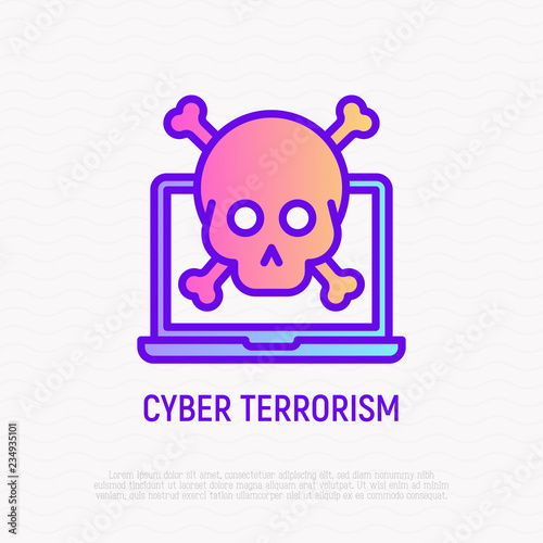 Cyber terrorism, hacker's attack thin line icon: opened laptop with skull. Modern vector illustration.